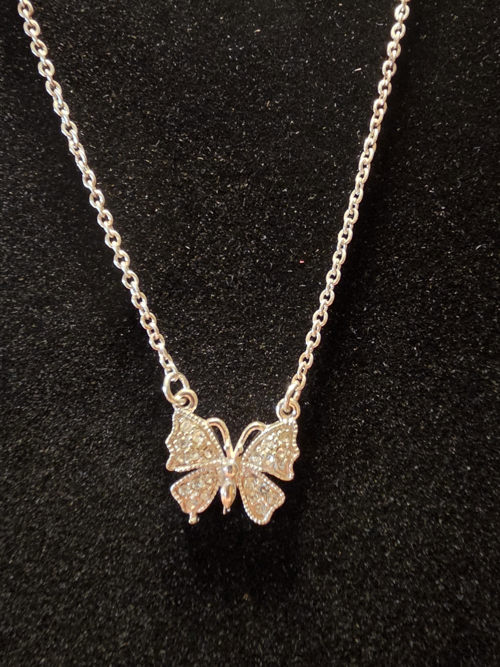 Whimsical butterfly necklace with rhinestones silver toned